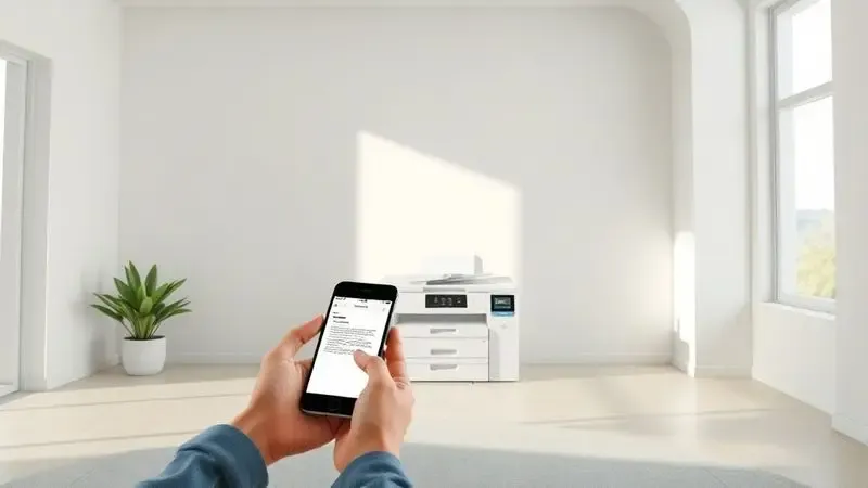 Ilustração digital de uma pessoa enviando arquivos de um smartphone para uma impressora sem o uso de fios em um escritório limpo.