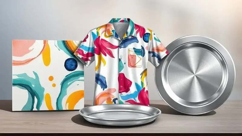 Conjunto de objetos variados como tecidos e cerâmicas com estampas coloridas e vibrantes, exemplificando os resultados da sublimação.