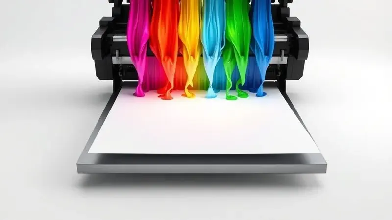 Ilustração digital de cores vibrantes sendo impressas com precisão em um papel branco, simbolizando qualidade de imagem.