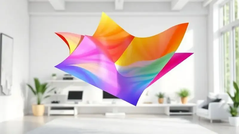 Páginas impressas com cores vibrantes e nítidas flutuando suavemente em um ambiente de escritório moderno e limpo.