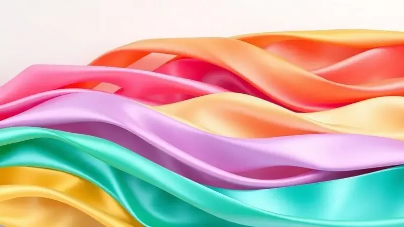 Ilustração 3D de diversos rolos de fita de cetim em cores vibrantes organizados de forma harmônica em um fundo minimalista.