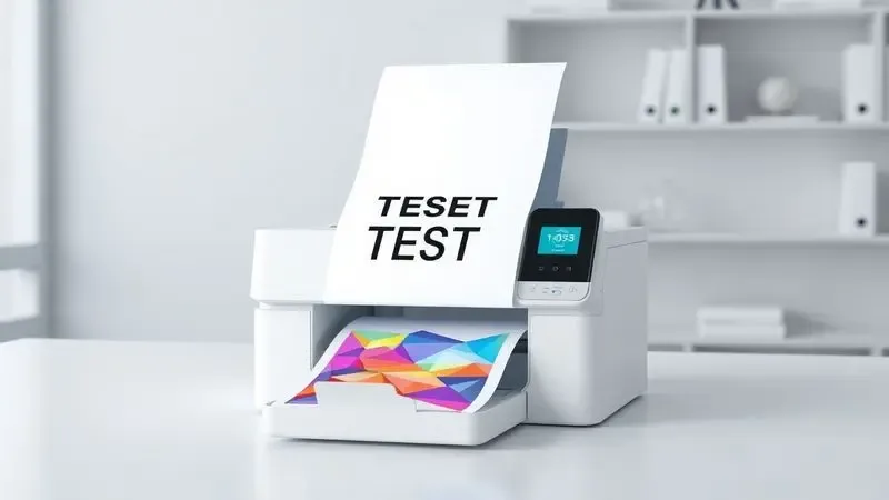 Renderização artística de uma impressora emitindo uma folha de teste colorida após o sucesso no procedimento de reset.